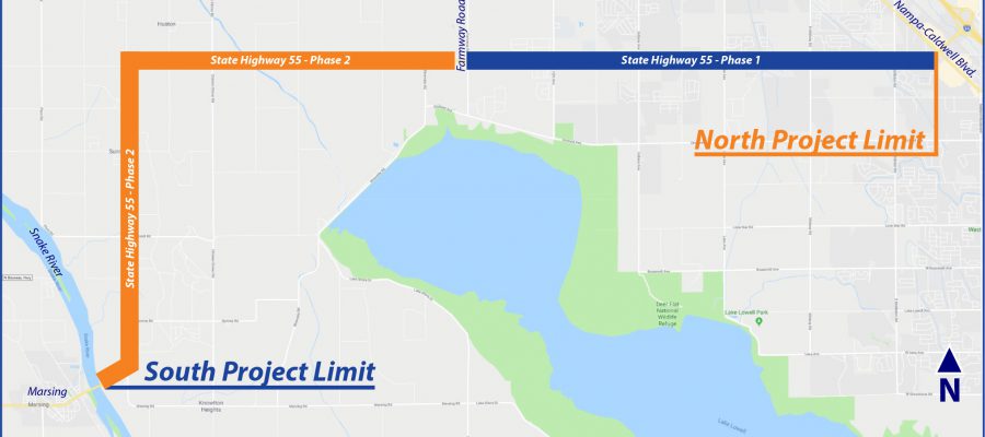 Map of seal coat project on ID-55 from Nampa to Marsing
