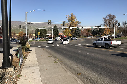 Vehicles pass through this major intersection in Lewiston.