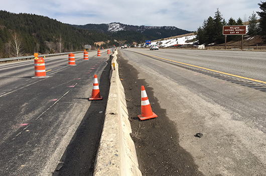 The sinking section on I-90 near Kellogg has caused the centerline to shift.
