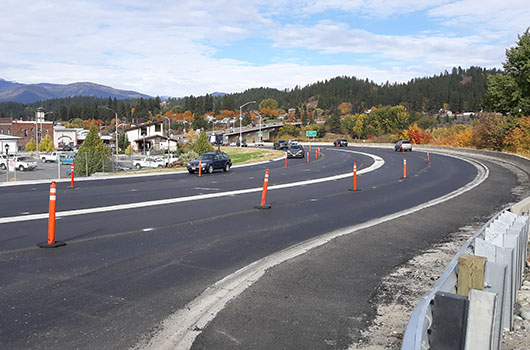 Traffic flows through construction on US-95 near the Kootenai River Bridge in Bonners Ferry.