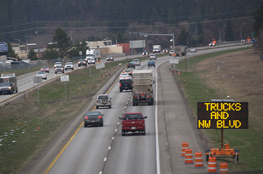 Traffic approaches construction on I-90 near the ID-41 exit.