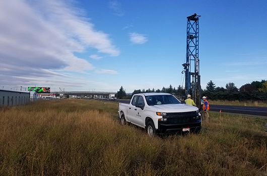 Drill crews set up on I-90 near ID-41 interchange in Post Falls.