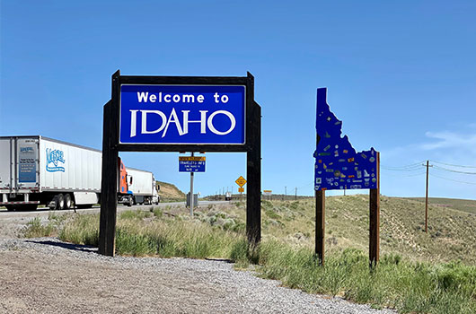 Image of Welcome to Idaho sign on US-93 at Nevada/Idaho border