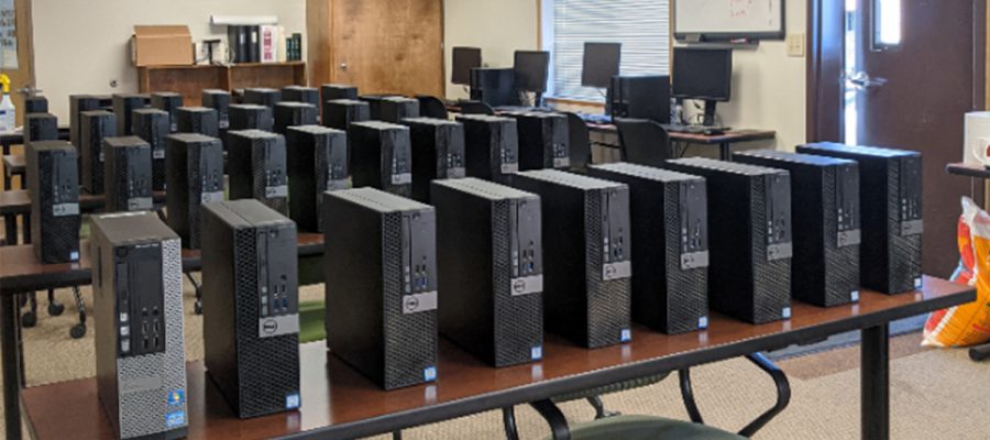 several computers on desks