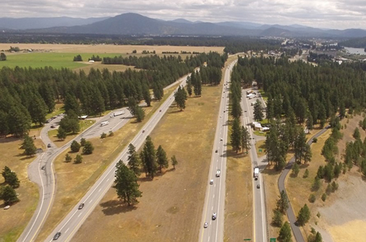 Drone shot of both exits for the Huetter Rest Area between Post Falls and CDA