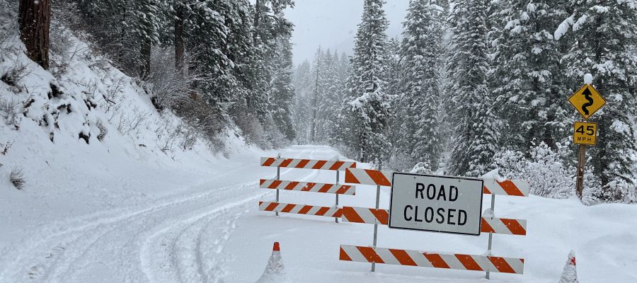 Barricades up to close SH-21 at milepost 48 in November of 2022