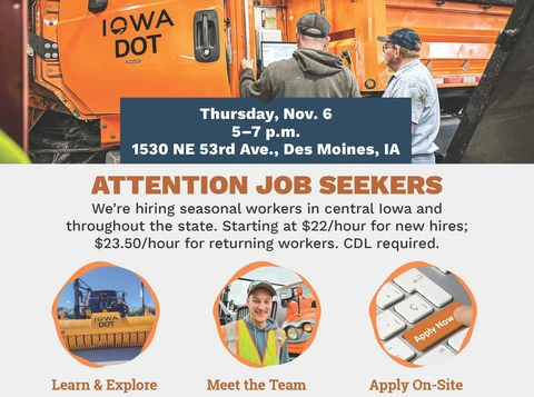 Iowa DOT Hosting Hiring Event for Winter Snowplow Drivers
