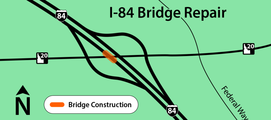 Graphic map showing I-84 interchange with local road. The area of I-84 over the road is highlighted indicating the construction area.